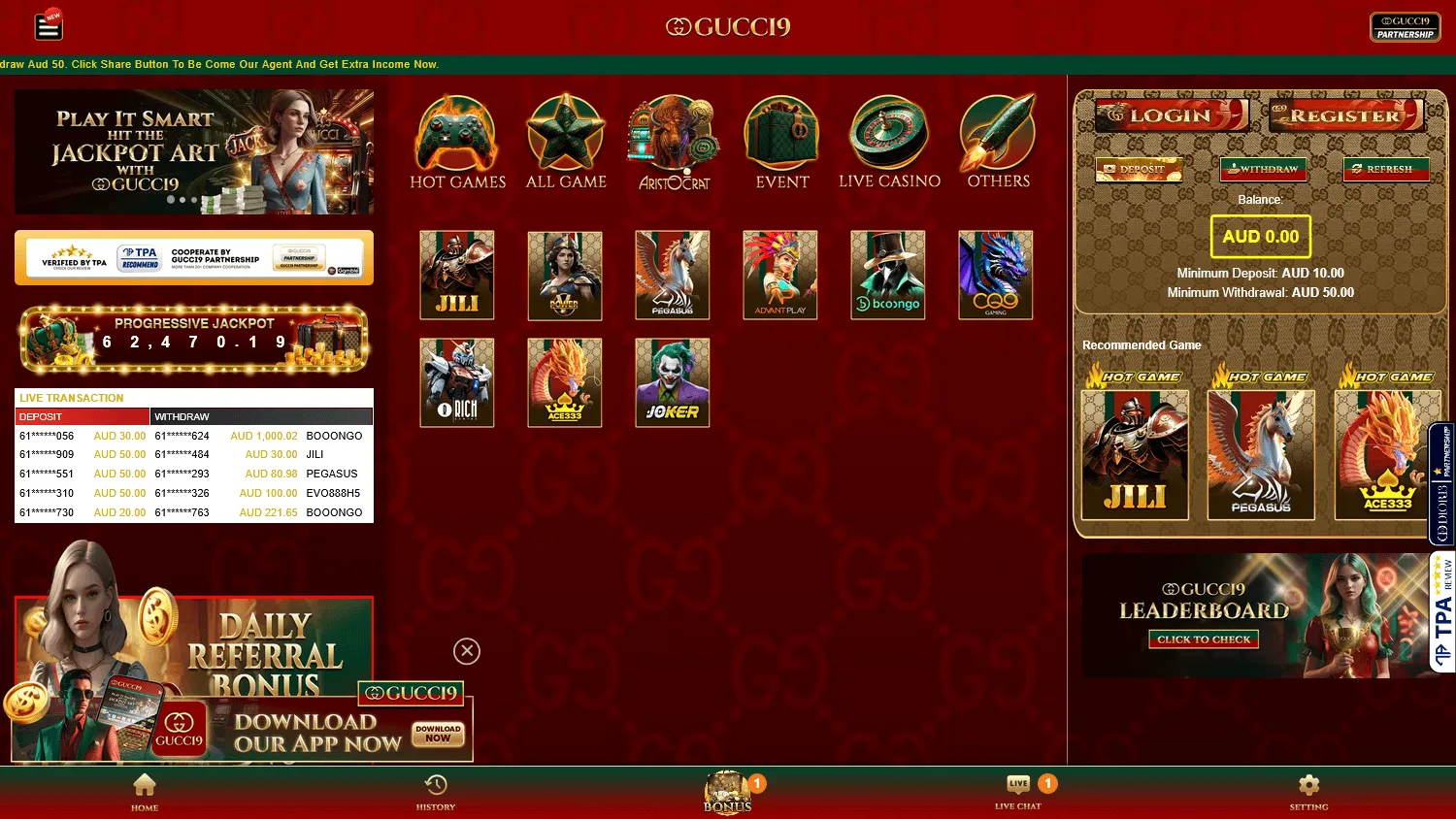Gucci9 Casino desktop home screen