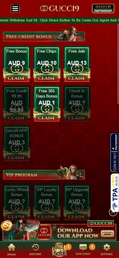 Gucci9 Casino mobile promotions screen